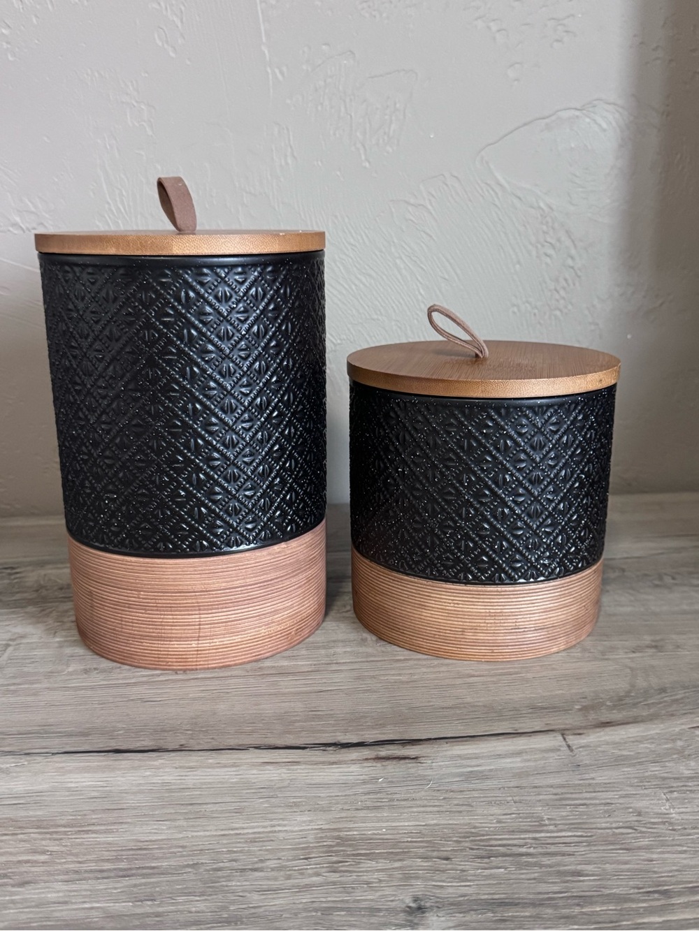 Set of 2 Black Textured Canisters Wood Lids Boho Farmhouse Kitchen Storage
